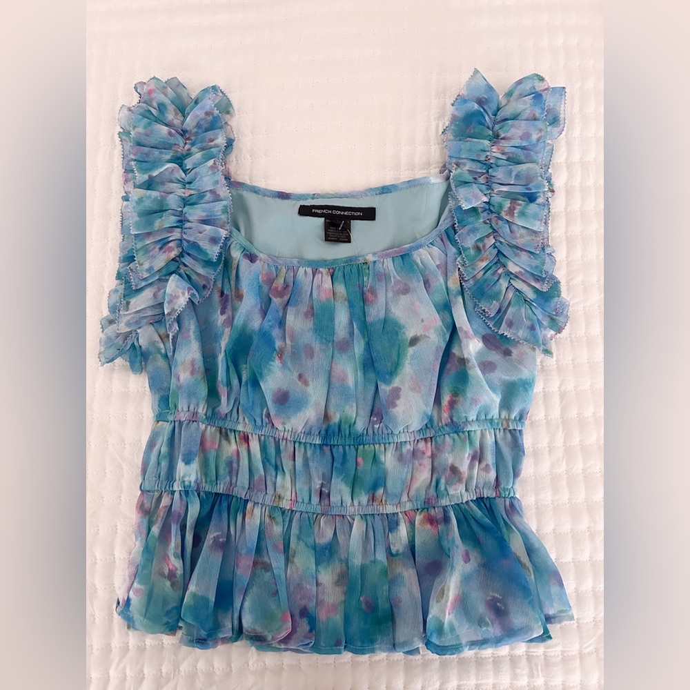 French Connection Gretha Hallie Blue Ruffle Floral Top
